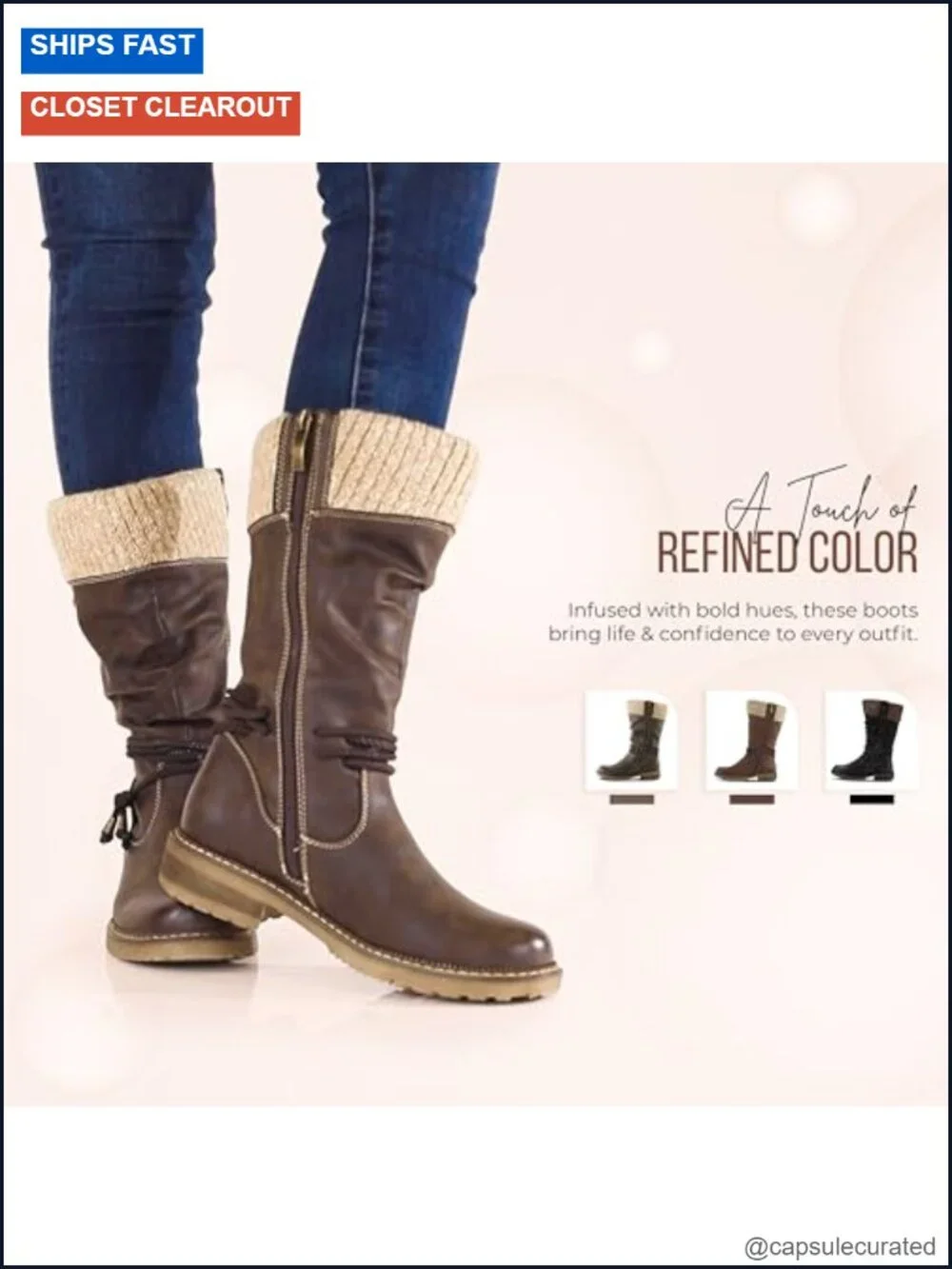 Women's Mid-Calf Boot with Faux Fur Lining and Low Heel
